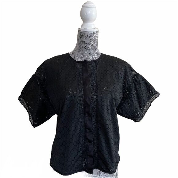 MARINA Ro Perforated Button Front Blouse Black Size Medium - Picture 1 of 9
